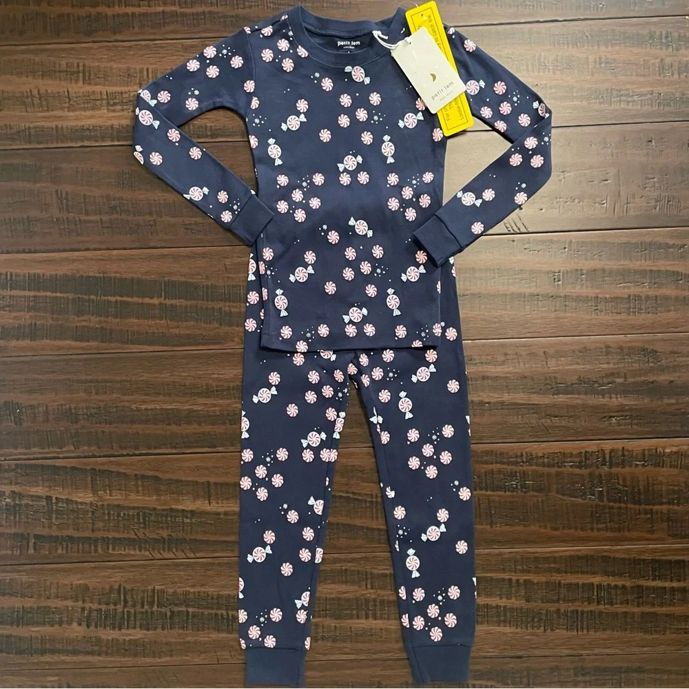 Petit Lem Navy Blue Peppermint Starlight Spiral Holiday Pajama Set NWT